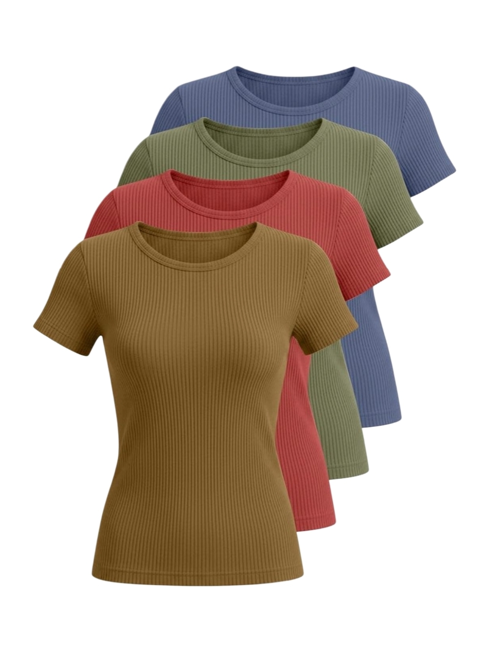 Ribbed Short-Sleeve Crewneck Tee - 4-Pack(Mustard, Rust, Olive, Blue)100% cotton
